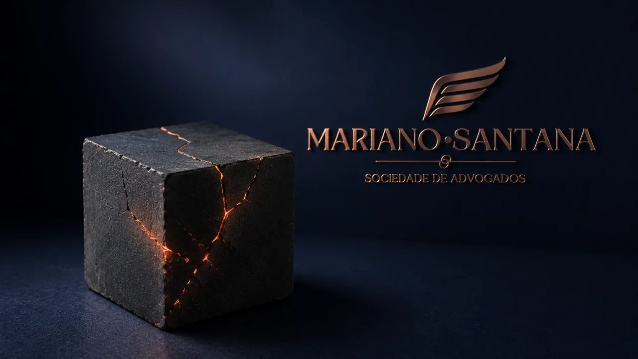 Cubo de pedra com rachaduras brilhando em tom cobre — riscos legais invisíveis para empresas