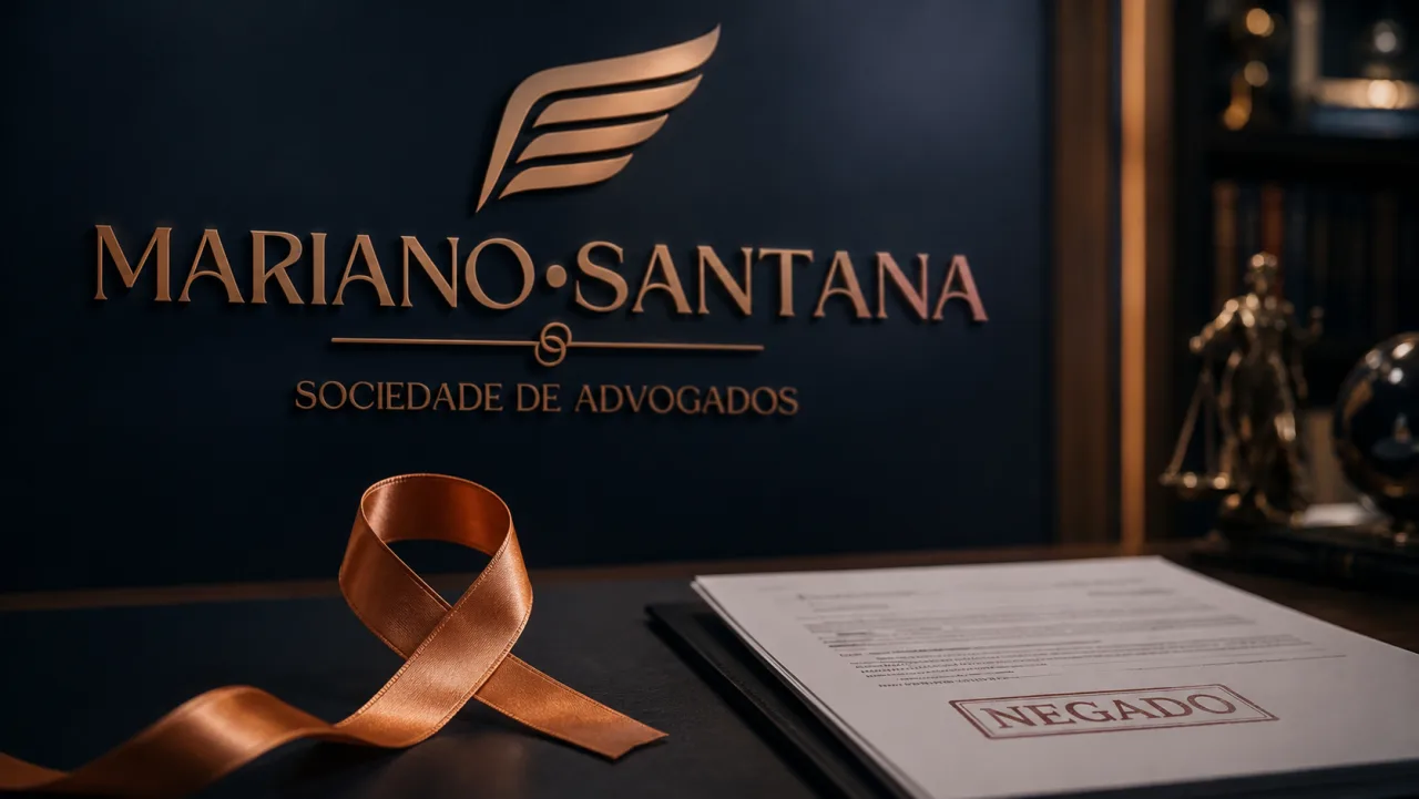Laço cobre de conscientização sobre o câncer ao lado de documento negado pelo plano de saúde
